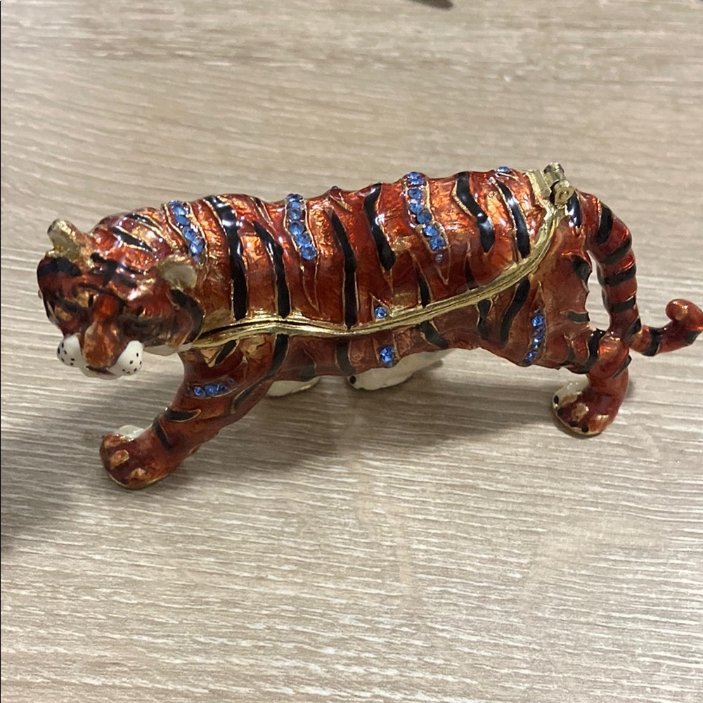Enamel Tiger Figurine with Blue Accents Trinket Case